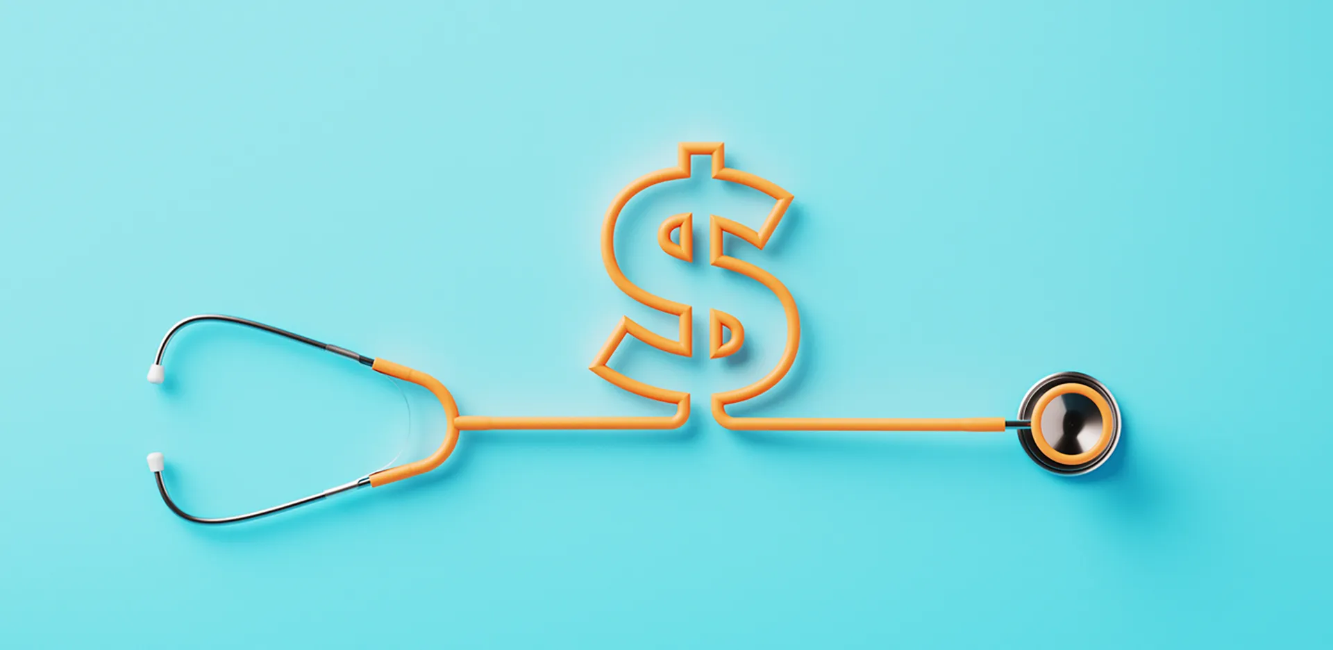 A yellow stethoscope in the shape of a dollar sign against a blue background.