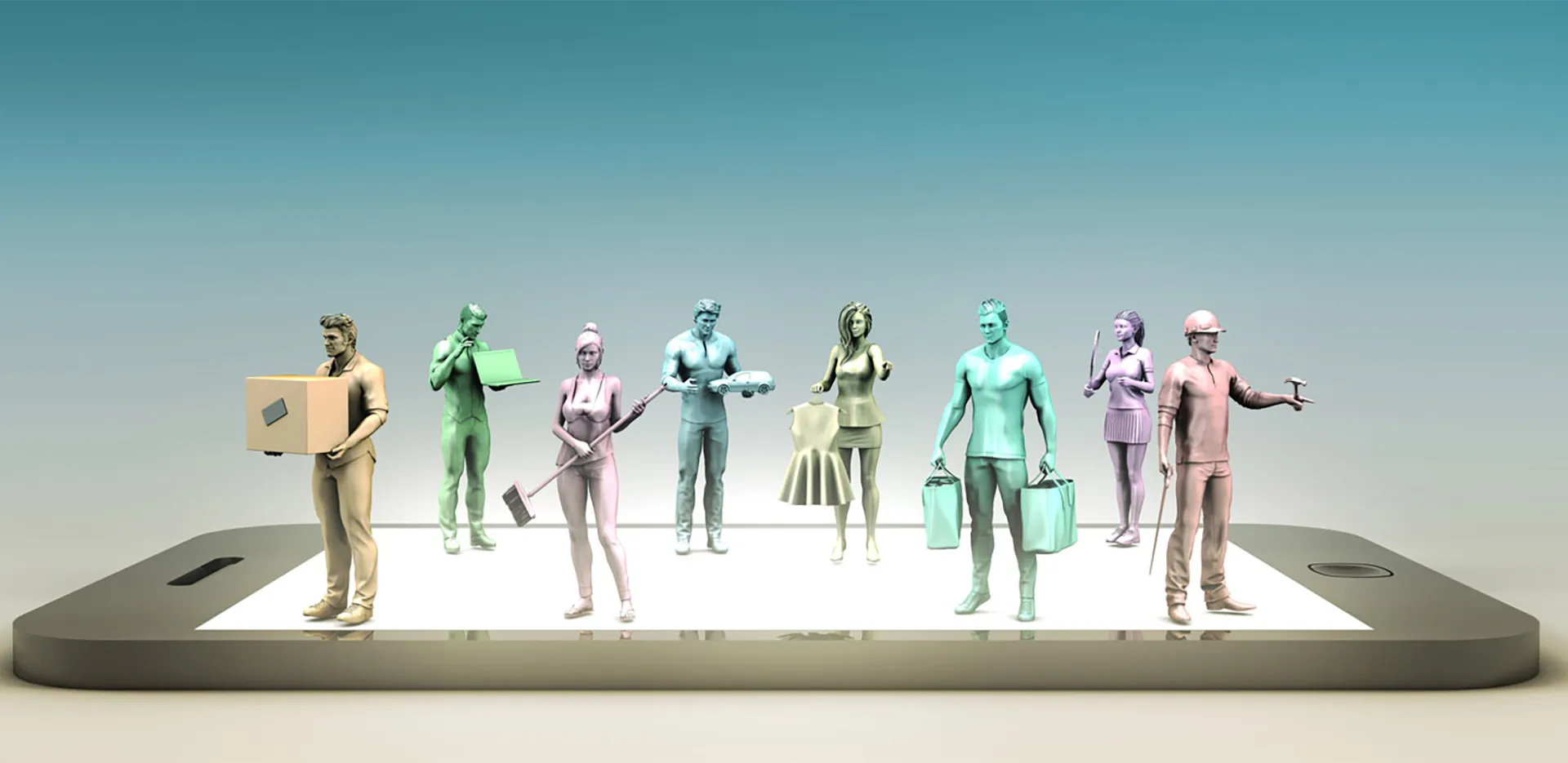 Artistic rendering of contractors in different industries standing on top of a smartphone.