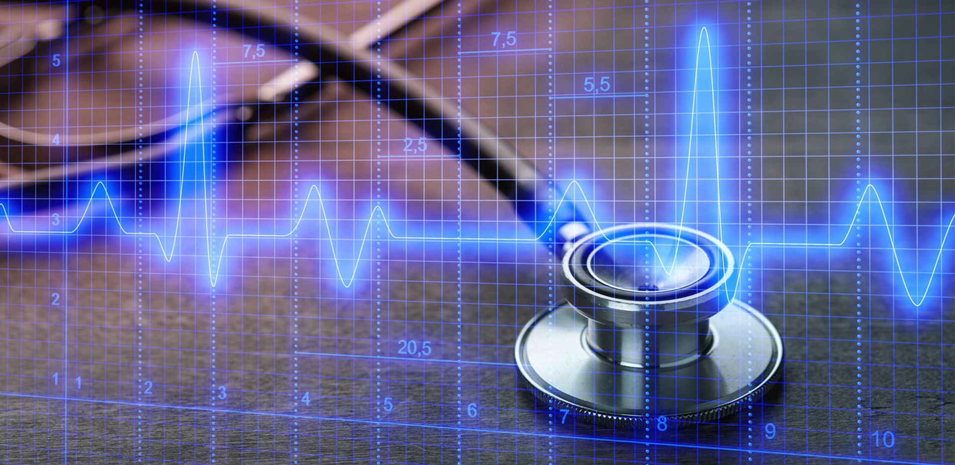 stethoscope with blue heart rate indicator