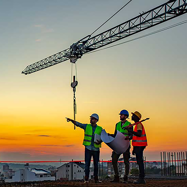 A trio of construction workers looking at blueprints standing in front of a crane.