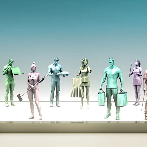 Artistic rendering of contractors in different industries standing on top of a smartphone.