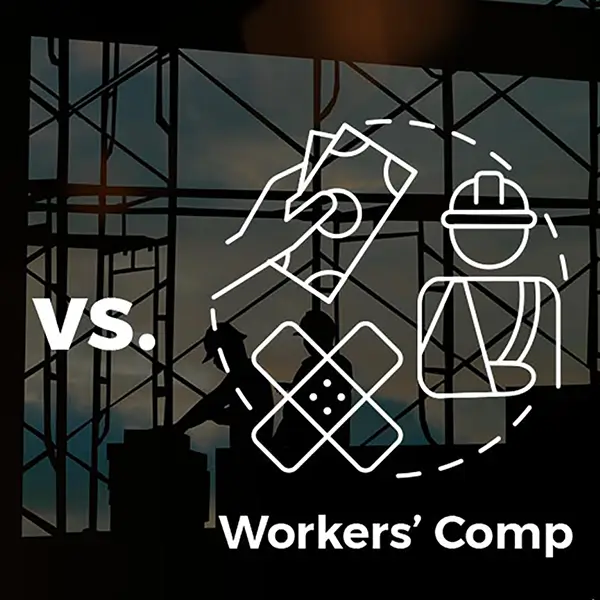 Graphics representing General Liability and Wokers Comp overlayed on a photo of construction workers on scaffolding.