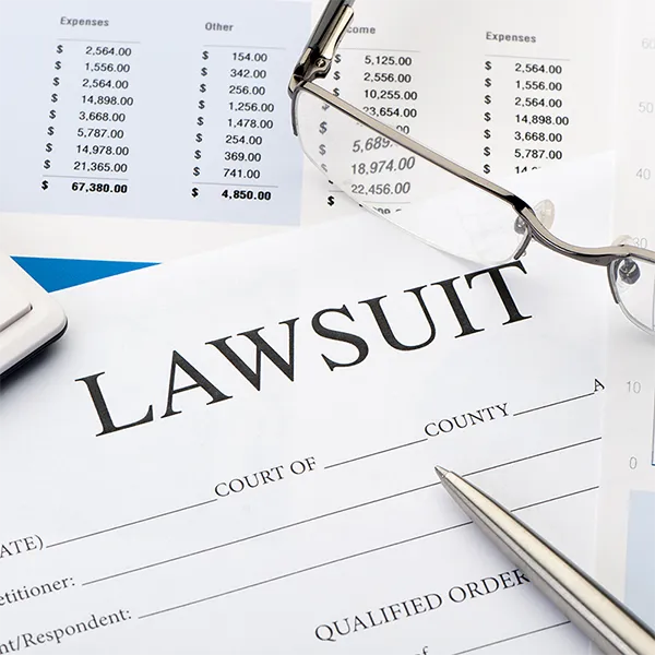 Office supplies next to a piece of paper titled 'Lawsuit.'
