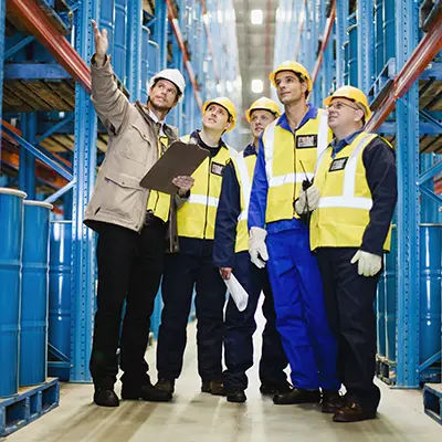 A group of safet professionals in a warehouse