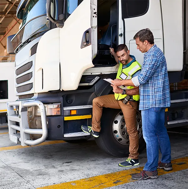 A truck driver speaking with a manager while standing beside their truck.