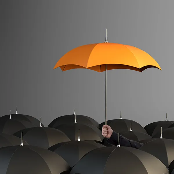 An orange umbrella held aloft over a group of black umbrellas.