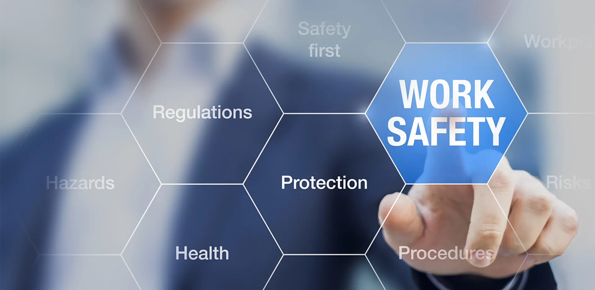 A rendering of various health and safety related terms. A hand is selecting one reading 'Work Safety.'