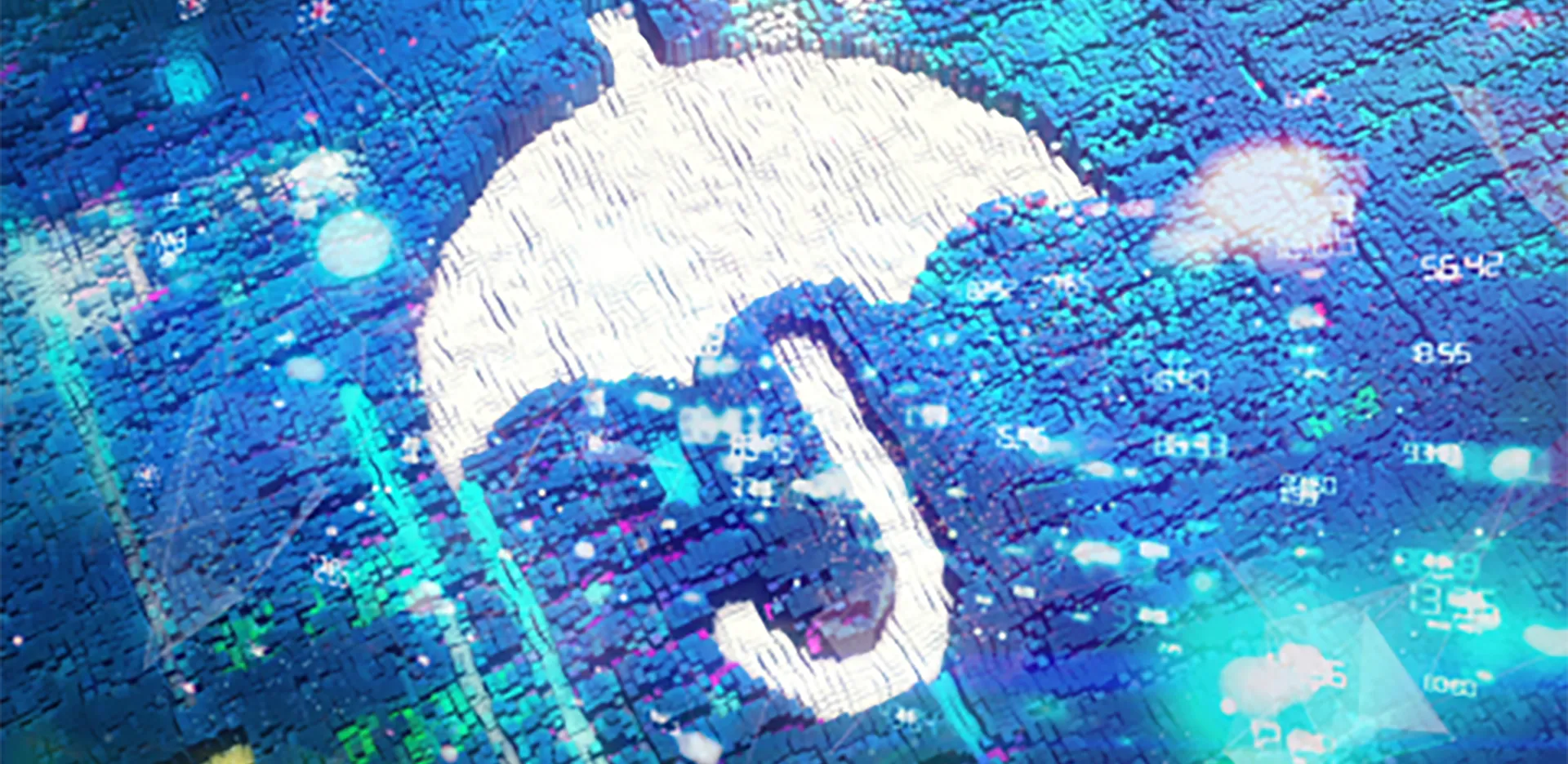 Cyber insurance concept art featuring data and an umbrella.