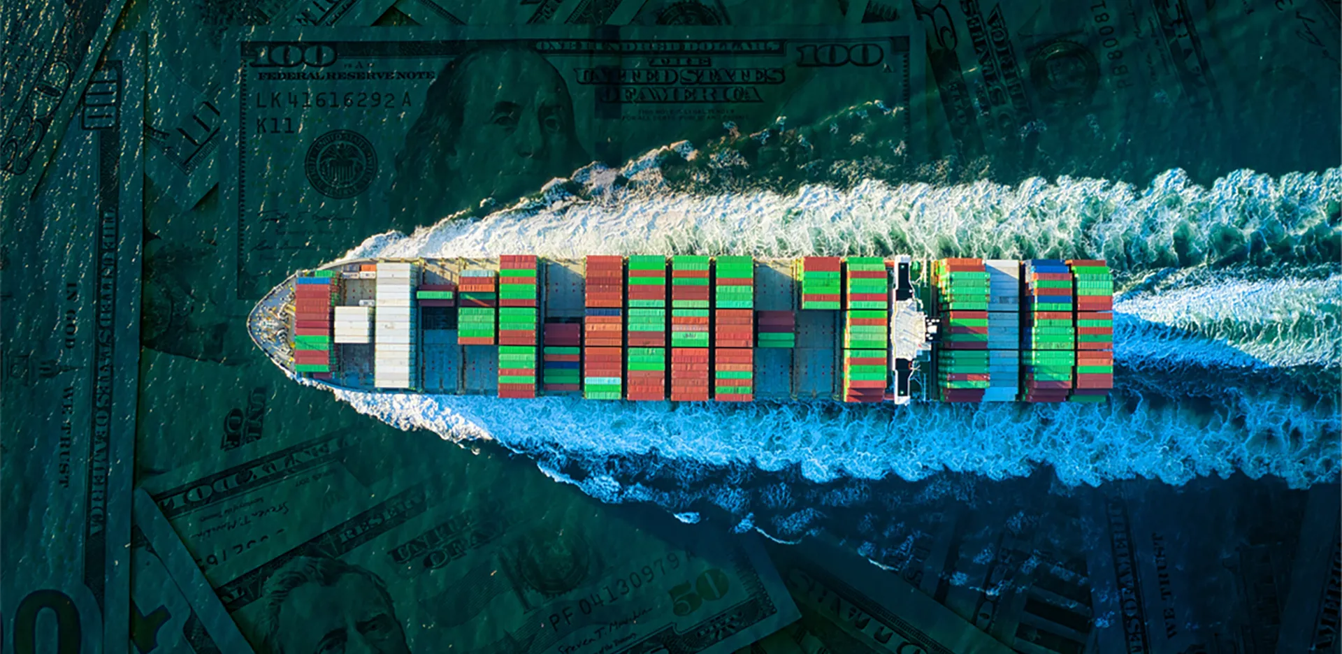 An overhead view of a boat full of shipping containers, with $50 and $100 bills replacing the ocean water.