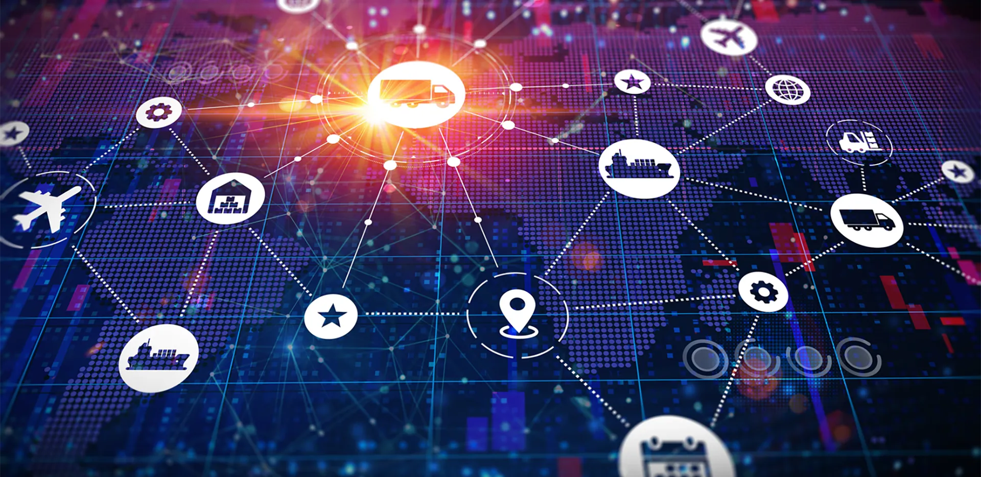 Supply chain concept with icons representing different shipping and vendor options.