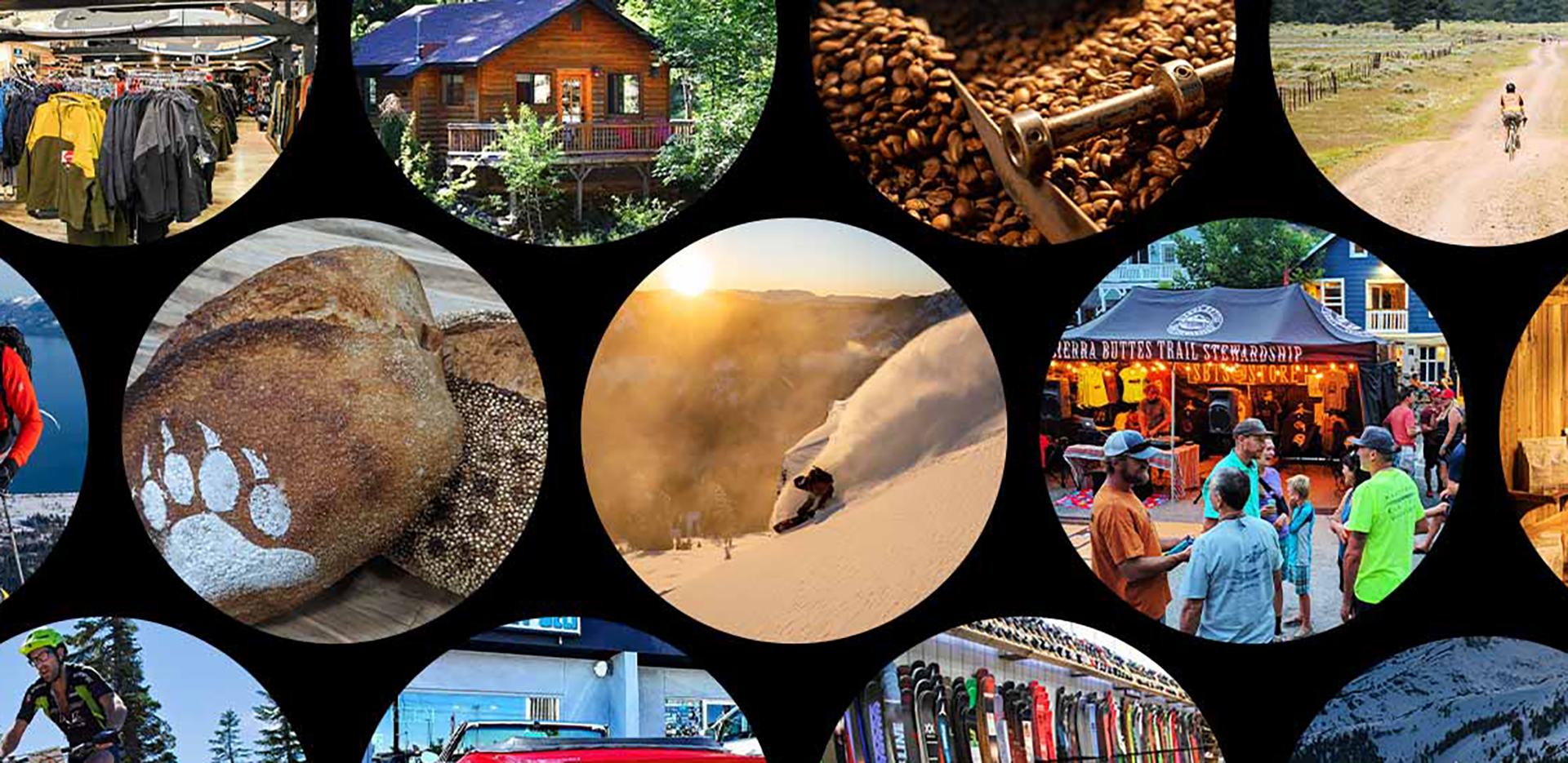 A collage of images representing Truckee, include a log cabin, a snowboarder, and a cyclist.