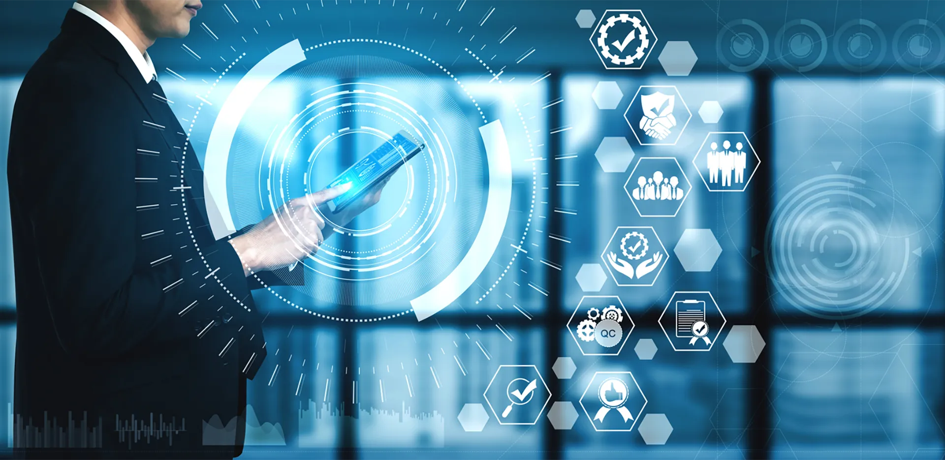 Business concept art with a professional using a tablet.